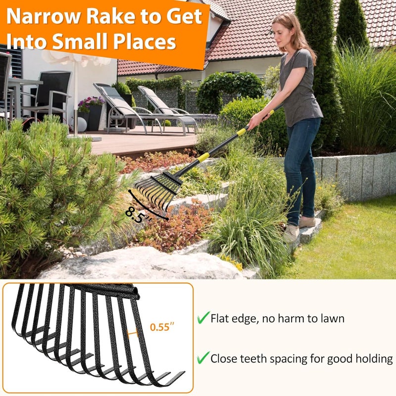 PoPoHoser Rake for Leaves - 11 Tines Heavy Duty Metal Small Narrow Leaf Rakes, Adjustable Garden Rake for Lawns Yard Flower Bed Grass Mulch Shrub Camping Gardening 65inch - Image 2